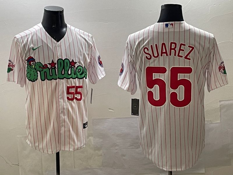 Men Philadelphia Phillies #55 Suarez White Stripe Three generations Joint Name Game 2025 Nike MLB Jersey style 4